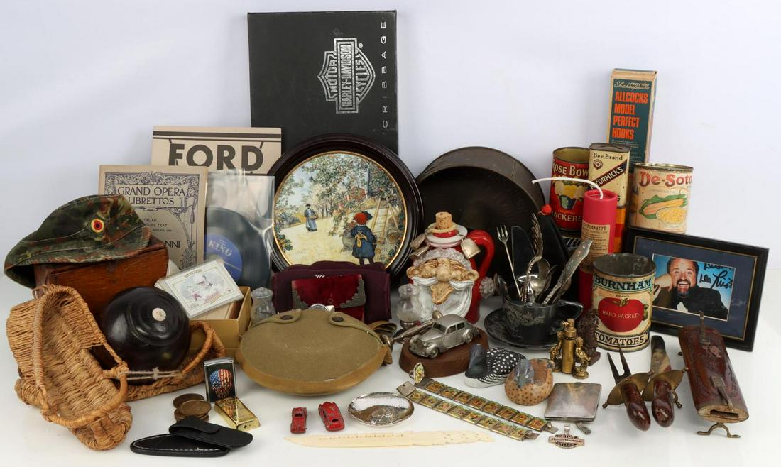 GENERAL ANTIQUES AND VINTAGE FURNISHINGS: Assorted general antiques dealer and collector lot. Lot includes autographed Dom Deluise photo, Ford 1939 & 1940 repair manual, Chinese silk hat , Japanese straw shoes, Boy Scout canteen, Harley David