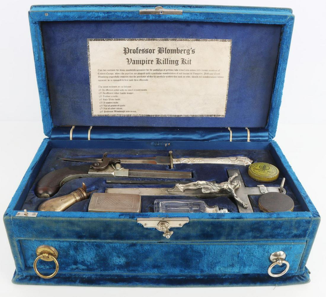 ANTIQUE 19 CENTURY VAMPIRE SLAYER KIT VELVET CASE: Professor Blomberg's Vampire Killing Kit. Includes percussion cap pistol by R.S. Clark. It features a Damascus barrel with engraved plate and wood grip. Steel blade with crucifix on crossguard and sil