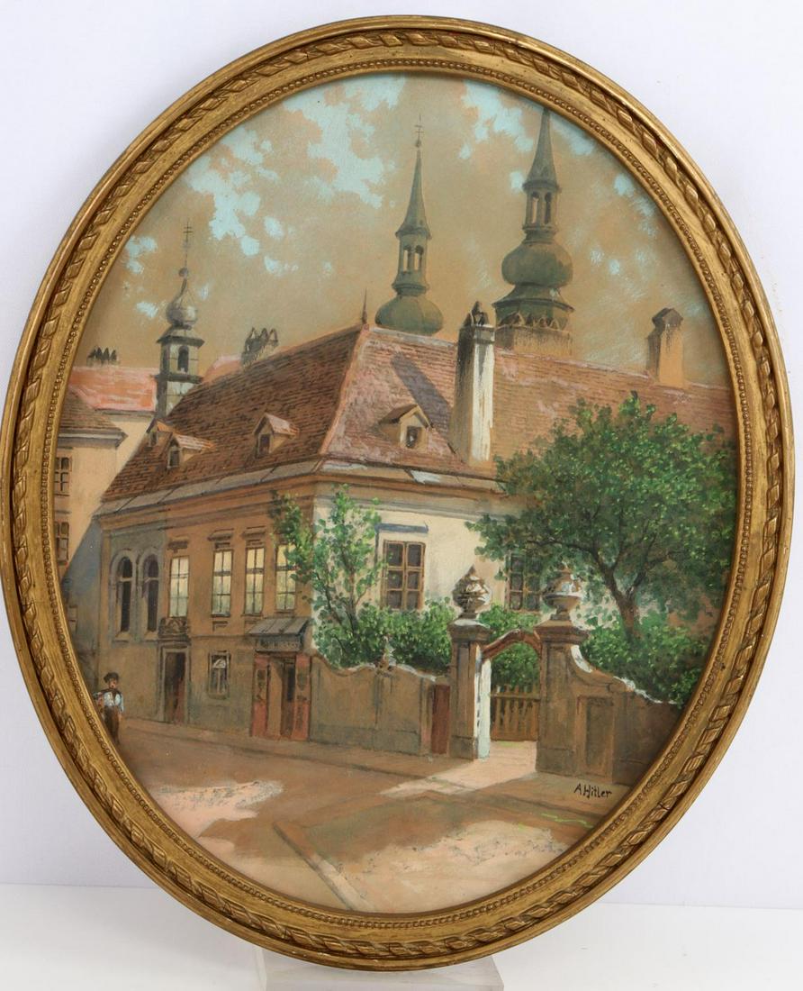 ADOLF HITLER WATERCOLR PAINTING VIENNA PERIOD: Adolf Hitler signed watercolor painting depicting the 'Heiligenkreuzerhof', a large former monastery complex in central Vienna and a portion of the Mansard-roofed structure from a viewpoint in its cen