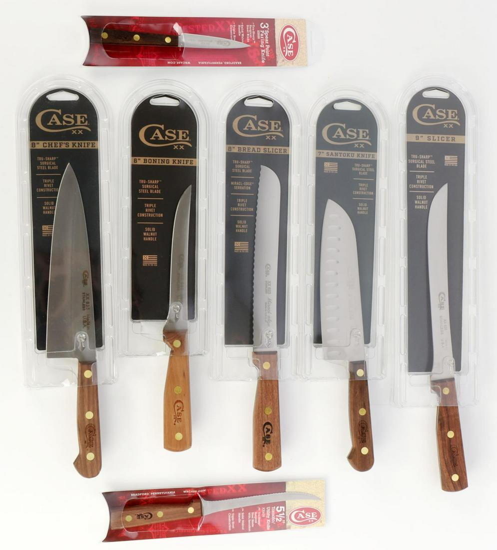 CASE KITCHEN CUTLERY 7 STAINLESS STEEL KNIFE SET: Set of 5 kitchen cutlery pieces by Case Knife company. New in the box. Lot includes 3" Paring, 8" Bread Slicer, 6" Boning, 8" Chef Knife, 5 1/2 Tomato Knife, 9 inch Slicer and a 7" Santoku. All have w