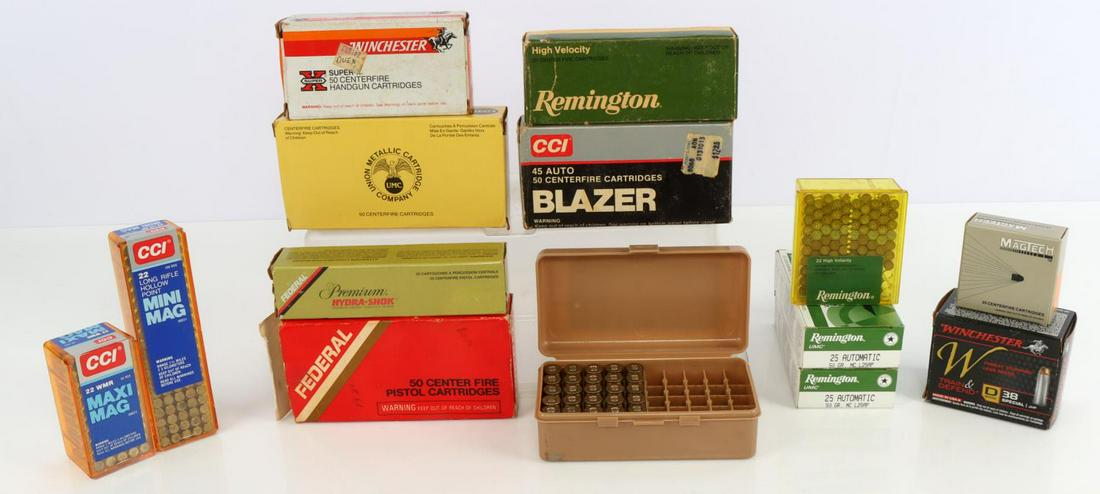 457 ROUNDS OF HANDGUN AMMUNITION 22 25 32 45 357: Lot features 242 rounds of 22 LR & WMR, 160 rounds of 45 auto 230 gr., 20 rounds of defense 38 spl 130 gr, 75 rounds of 32 auto 71 gr & 32 SW 98gr, 20 rounds of 357 rem max 158 gr, & 100 rounds of 25 