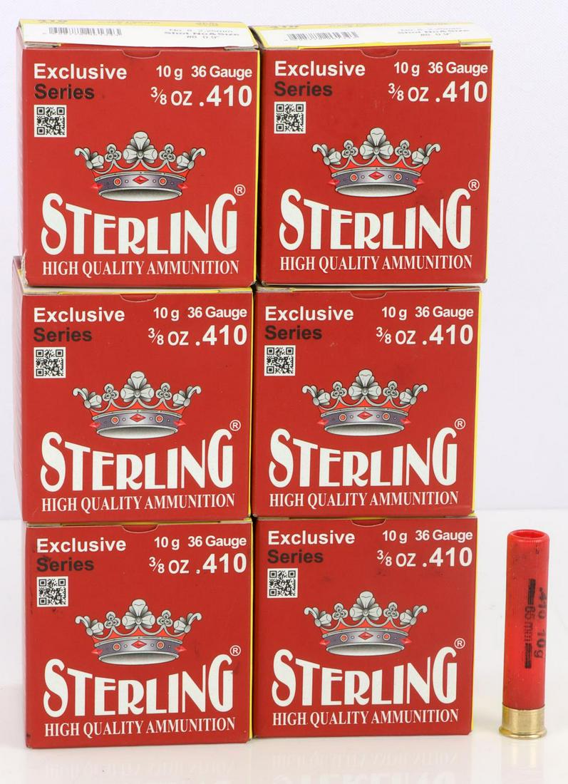 150 ROUNDS STERLING .410 SLUG 36 GAUGE AMMUNITION: Exclusive Series slug. 25 rounds per box. 10g Shot 3/8 OZ. 65mm case length. This lot has a reserve.