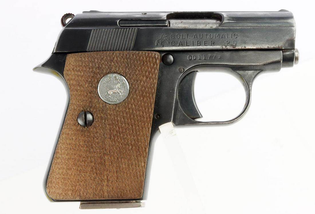 COLT AUTOMATIC .25 CAL SUB COMPACT PISTOL: Barrel measures 2 1/4 inches long and features a bright and clear bore. Slide action, hammer and trigger function without issue. When racking slide back, the recoil guide assembly rod comes loose and 