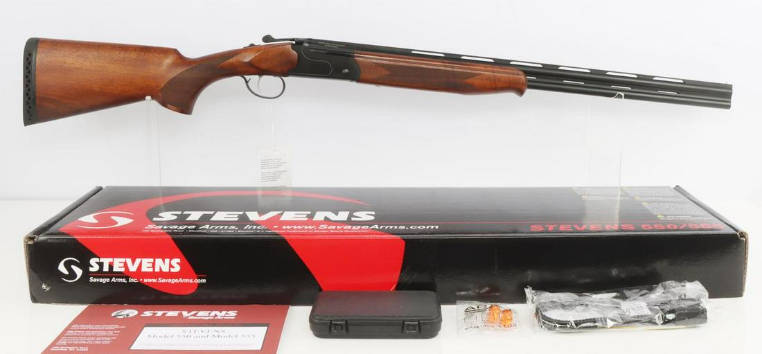 STEVENS MODEL 555 OVER UNDER 410 SHOTGUN: Comes brand new in original box with original paperwork. FFL required for transfer. No international shipping. Know your state's firearm laws prior to bidding. Caliber: 410 Serial #: 720-h22uu-19626 T