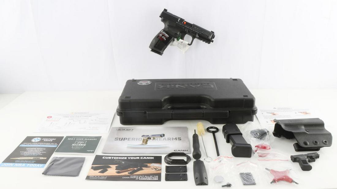 CANIK METE SFT BL 9MM HANDGUN W MECANIK M01 OPTIC: New in box. Includes Fit-and-Lock (HFL) k retention holster, two 18 round magazines with speed loader, Mecanik M01 optic red dot sight (value $249.00), two sight adjustment plates, cleaning rod, extra