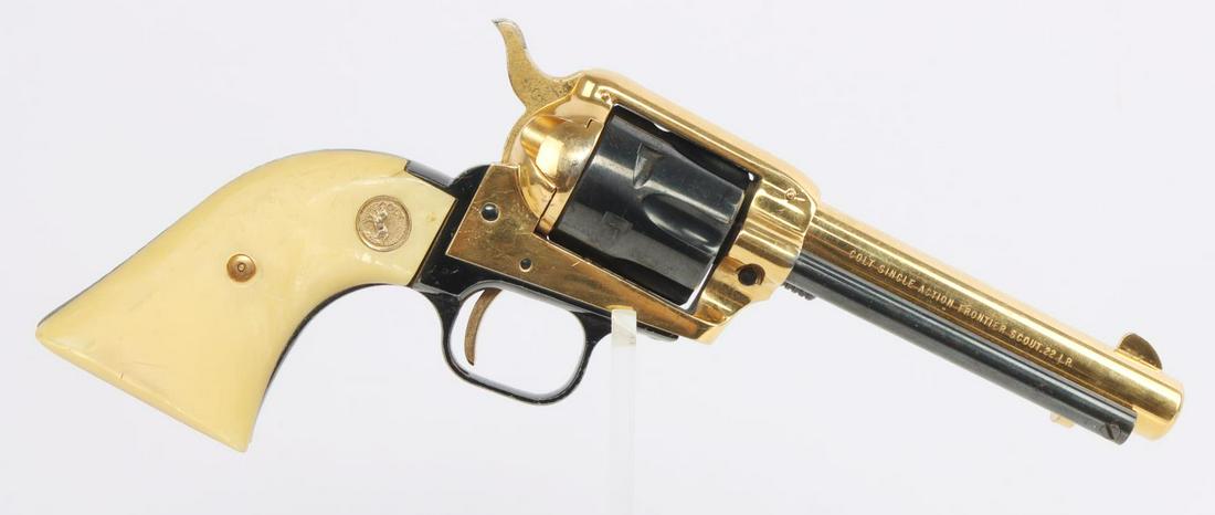 COLT NEBRASKA CENTENNIAL FRONTIER SCOUT REVOLVER: Colt 1987 .22LR frontier scout revolver. Barrel measures about 4 3/4 inches long with a bright and clear bore. Action is smooth and functions without issue. Some surface loss in certain areas througho