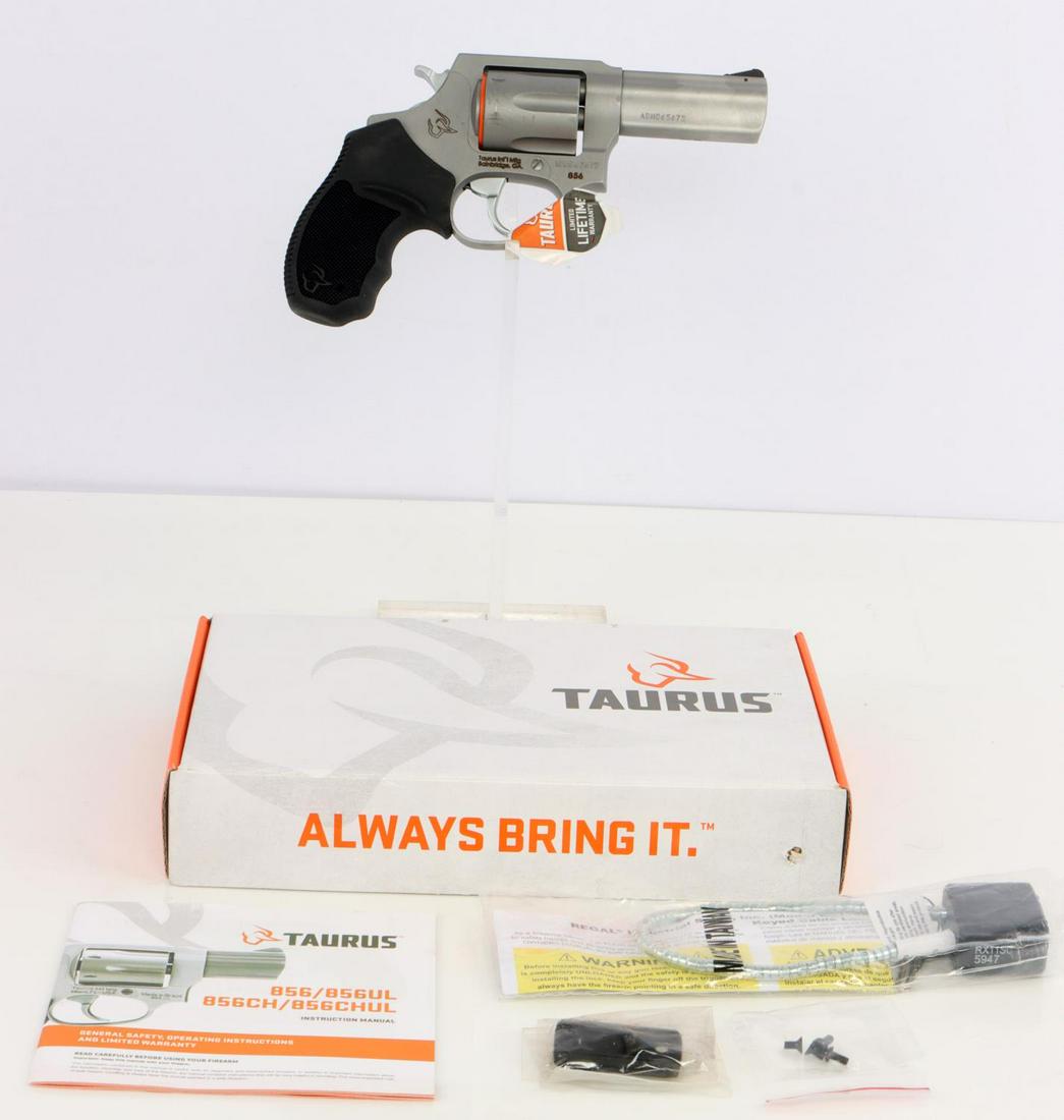 TAURUS ARMS 856 DOUBLE ACTION .38 SPECIAL REVOLVER: Brand new in box with owner's manual. FFL required for transfer. No international shipping. Know your state's firearm laws prior to bidding. Caliber: .357 Mag Serial #: ADN065673 This lot has a reserv