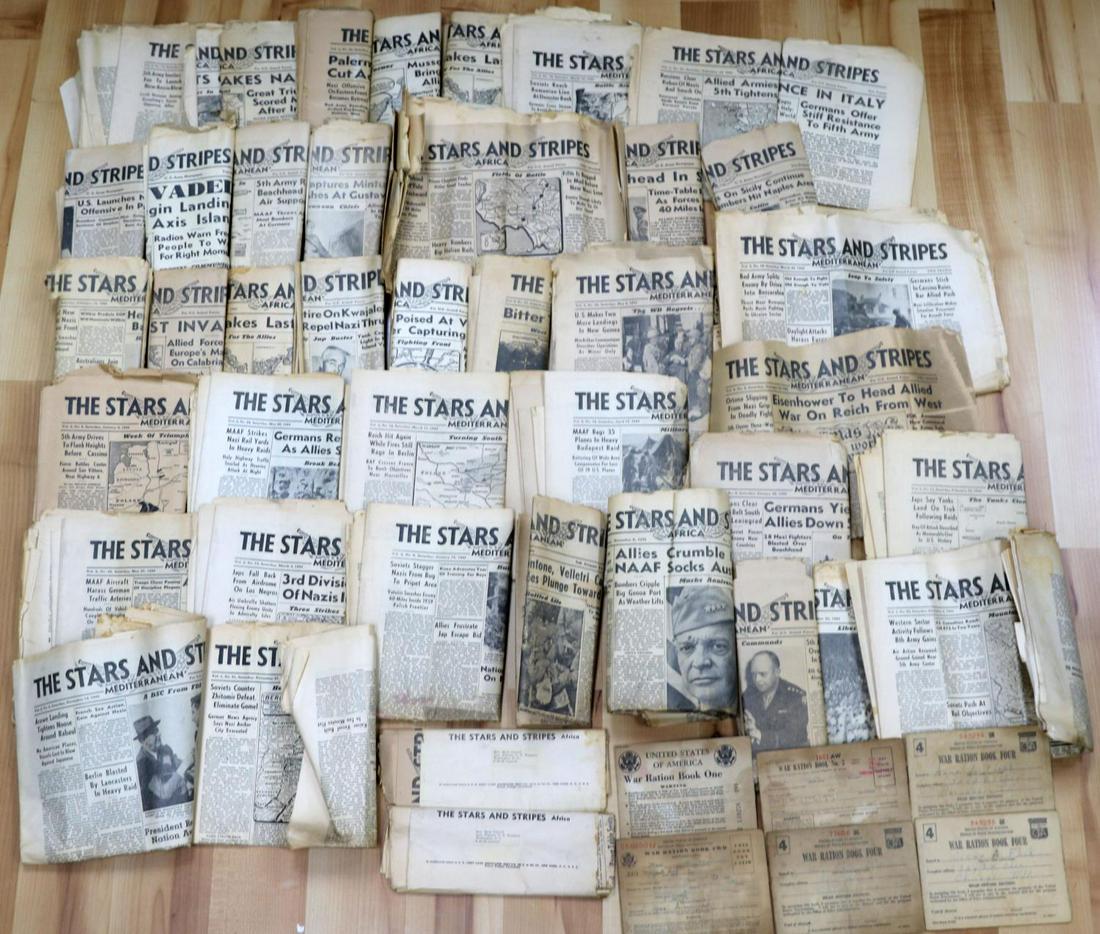 50 WWII US STARS AND STRIPES NEWSPAPER RATIONS LOT: 50 assortment of United States newspapers and rations books. 44 1943-1944 The Stars and Stripes newspapers detail differing events during the war. One newspaper is dated December 25, 1943. Another det