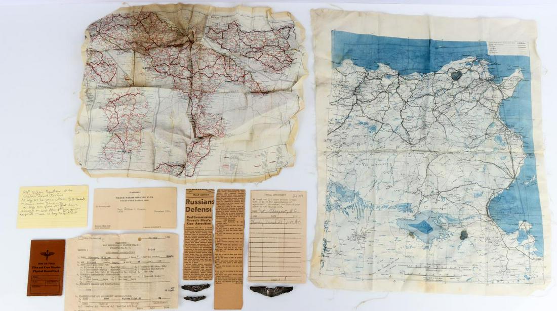 WWII US PILOT POW 80 MISSION ARCHIVE STERLING WING: Lot includes papers , wings,k evasion maps and more of Captain William Glasgow of the 85th Fighter Squadron of the Western Desert Air Force, at age 27 he was a veteran of 80 Combat missions over Germa