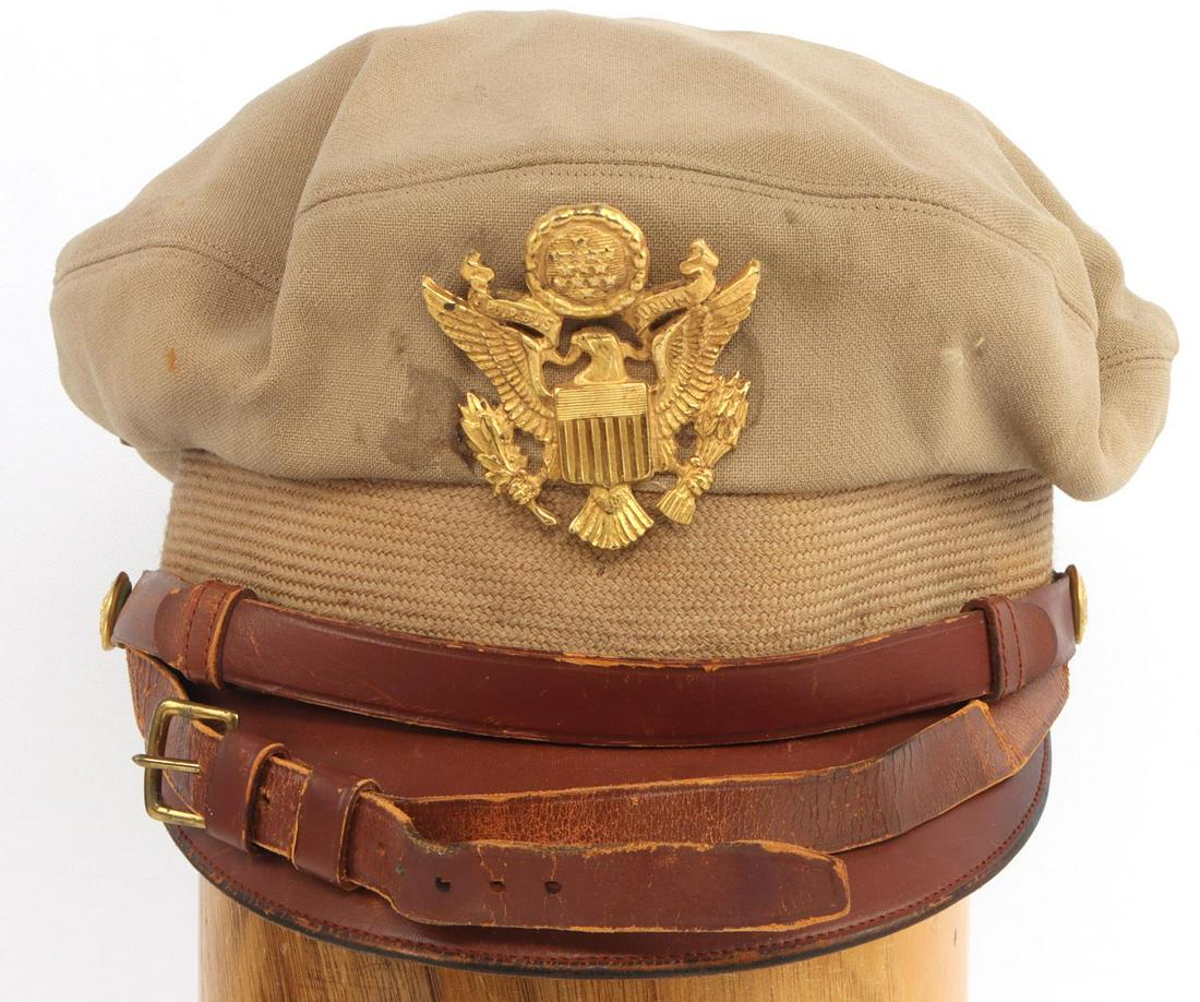WWII ARMY AIR CORP PILOT OFFICER CRUSHER HAT: Has private purchase Luxemberg Madison Avenue New York on sweatband and crown, size 6 7/8, a little out of round but could be re rounded,, has most interesting added chin strap for windy environment, 