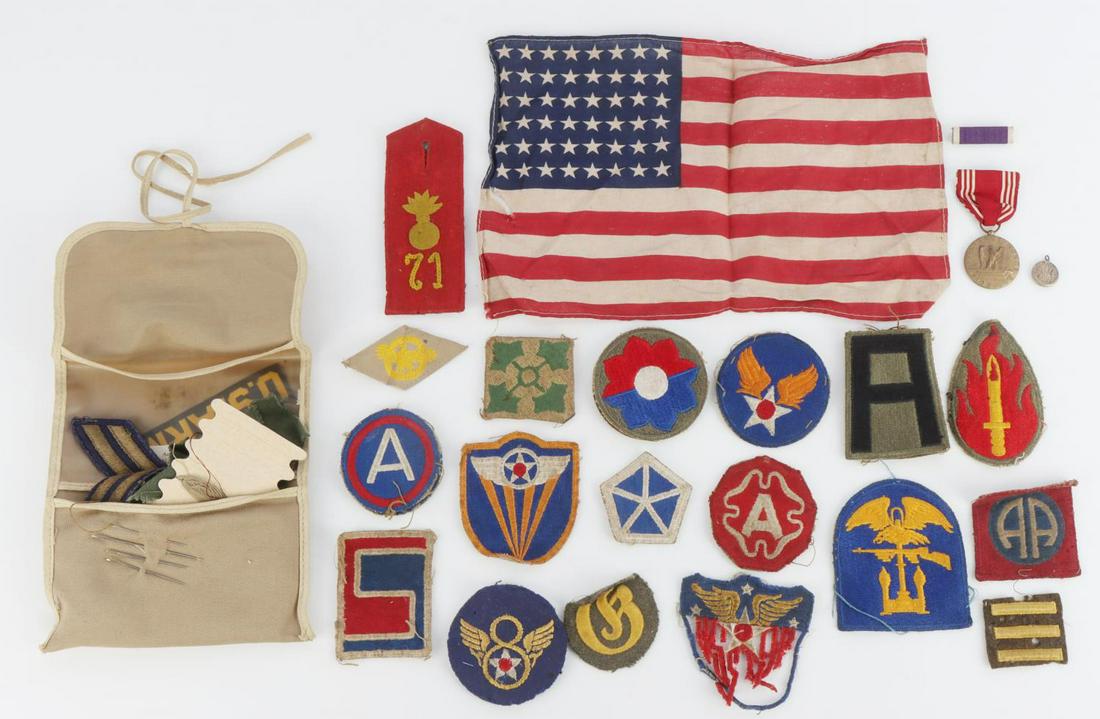 WWII VETERAN COLLECTION PATCH MEDAL FLAG LOT: Nice grouping to include some interesting items, named Good Conduct medal P.J. Culenovic, 48 star flag patch, Airborne patch, Sewing Kit with patches for repair,very unique cut out USSTAF Air Corp pat
