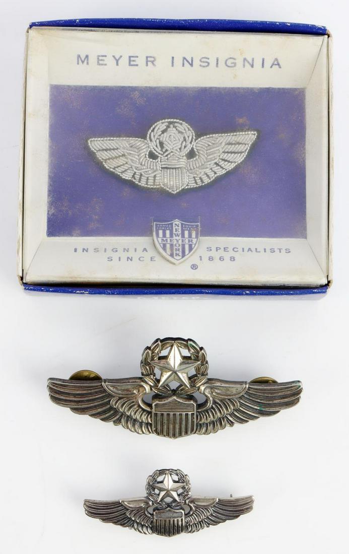 2 WWII COMMAND PILOT STERLING & 1 BULLION WING LOT: Includes a non sterling 3 inch clutchback set, Meyer, 2 inch pinback sterling Meyer, and a bullion set probably post war new in box, 2 inches.