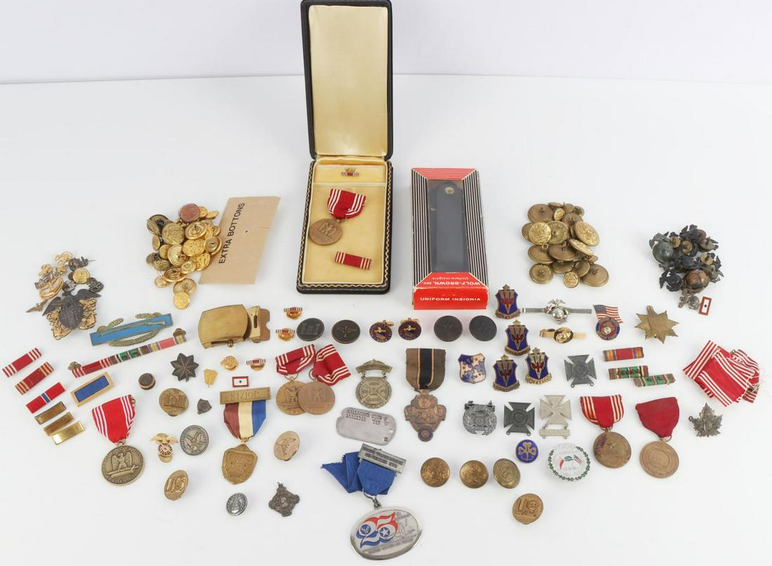 WWI WWII & POST WAR MEDAL USMC BADGE INSIGNIA LOT: Includes WWI collar pan including Flying service, DUI cuff links, a nice grouping of Marine EGA's some pre war, USN cap badge , DUI's, Medals, Buttons, ribbons, boxed Major shoulder boards, and more.