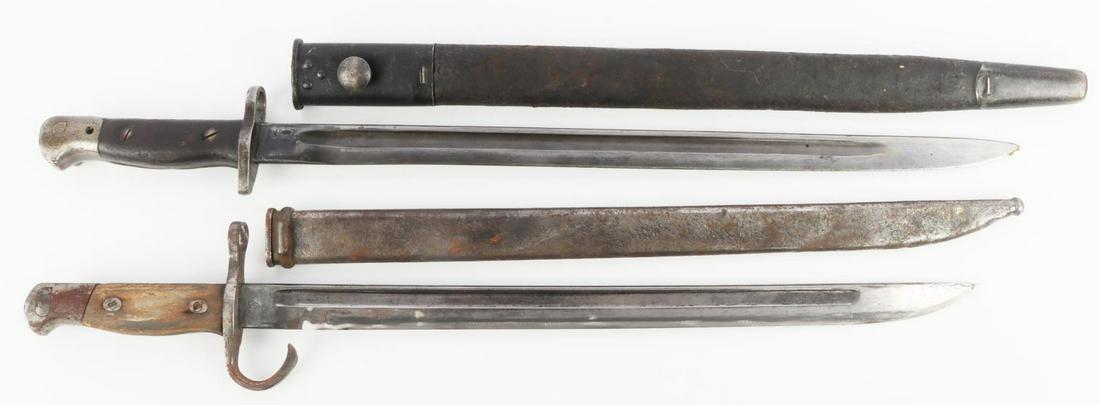 WWII BRITISH & JAPANESE EMPIRE SWORD BAYONET LOT: Includes WWI British Empire 1907 Bayonet from Wilkinson marked "1907", measures 21 1/2 inches long in total, also includes Japanese sword bayonet from Kokura Arsenal which has been heavily sharpened a