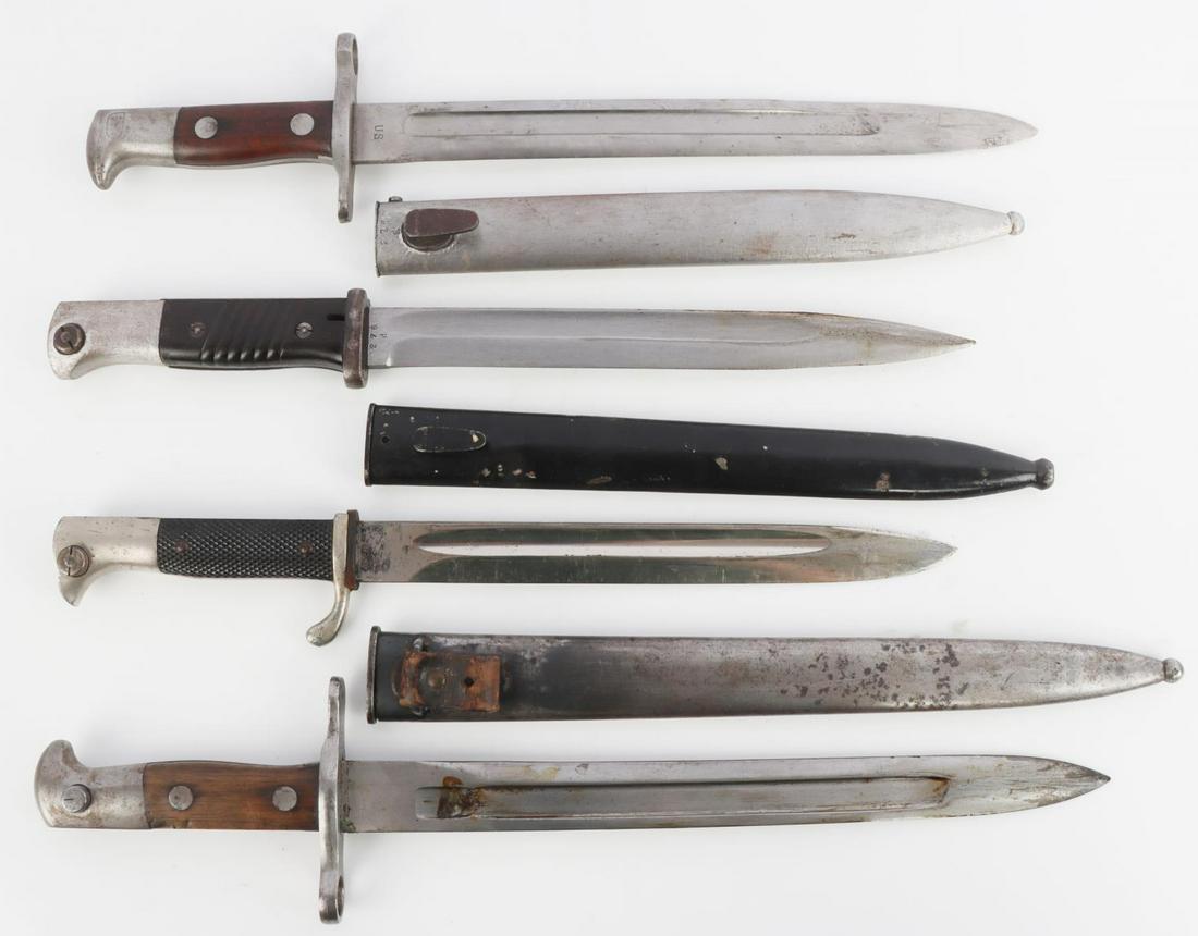 WWI WWII SWISS & GERMAN REICH MAUSER BAYONETS: Includes German WWII K98 bayonet & scabbard with matching numbers, finish has been scraped off of blade, scabbard and pommel-Scabbard marked "P.Weyersberg"; also includes two Swiss M1918 bayonets-one 