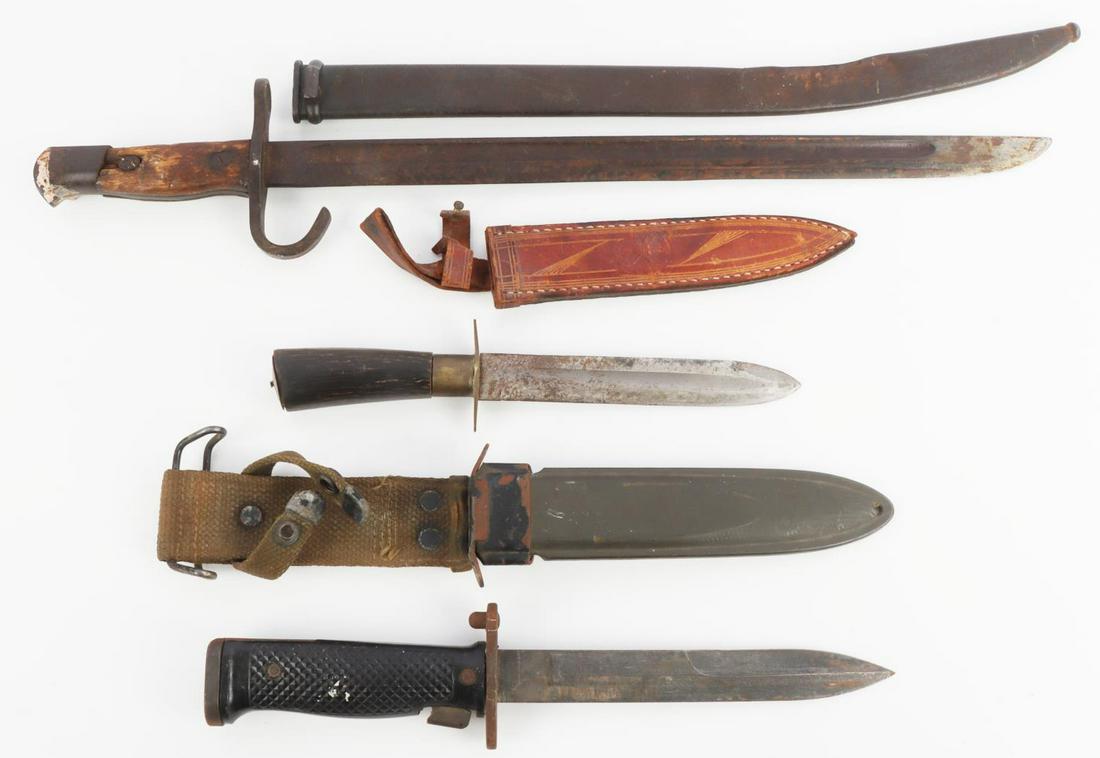 WWII M5 M-1 & JAPANESE BAYONET FIGHTING KNIFE LOT: Includes Middle East 9 3/4 inch fighting knife with sheath, J & D Tool Co. M5 Bayonet with M8 scabbard, , Japanese bayonet with serial number pommel, scabbard is damaged.