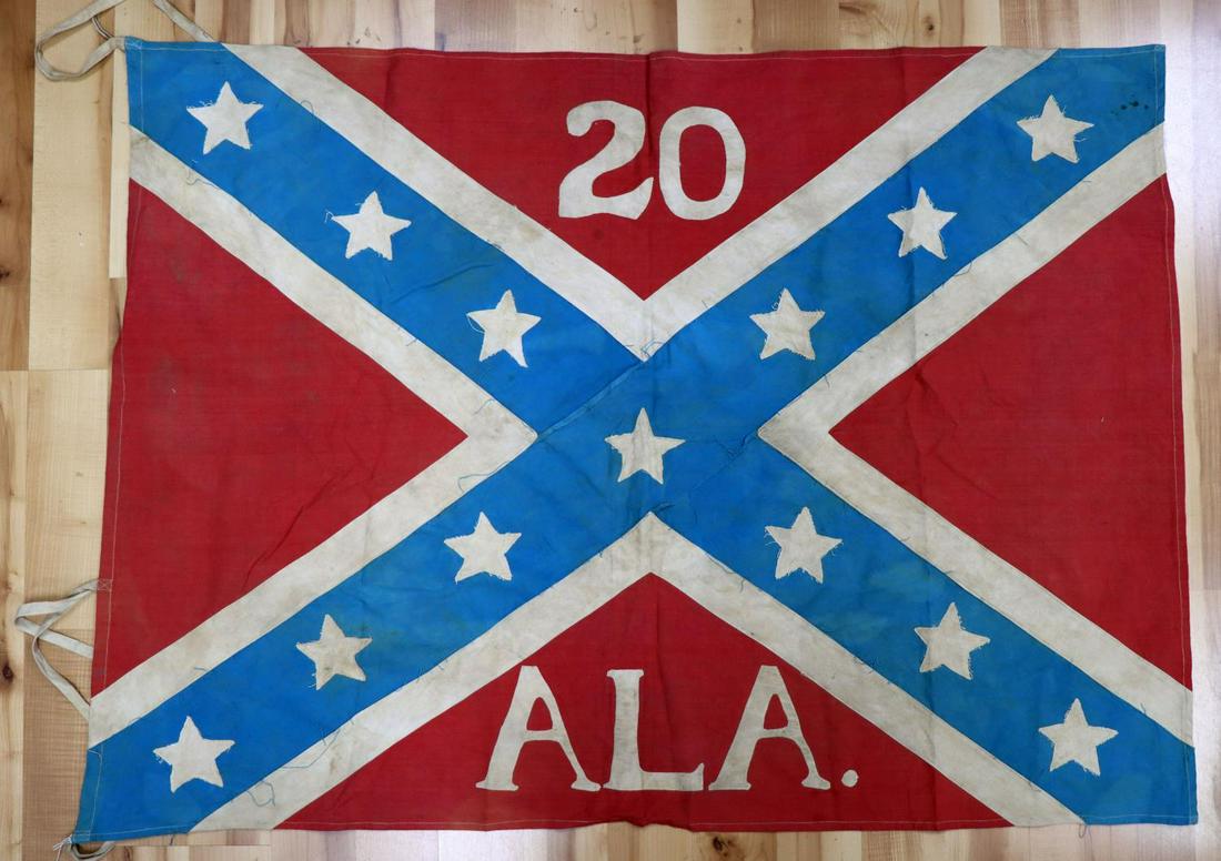 US CIVIL WAR 20TH ALABAMA CONFEDERATE REUNION FLAG: US Civil War Confederate 20th Alabama possible reunion flag. Battle flag with crossed bars and stars with "20" above and "ALA" below. Color fading. Non fluorescing except the finely machine sewn threa