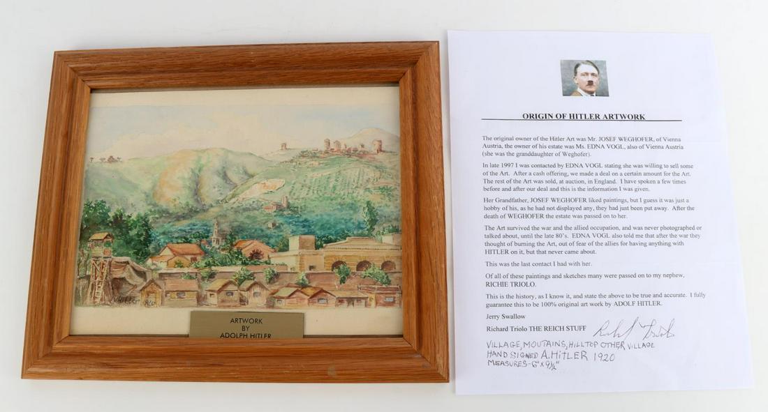 ADOLF HITLER 1920 WATERCOLOR PAINTING W COA: 1920 Watercolor painting of of German town landscape. It is signed and painted by Adolf Hitler, dictator of Germany from 1933 to 1945, was also an artist and painter. He produced hundreds of works and