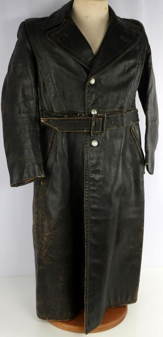 WWII GERMAN SS OFFICER LEATHER GREAT COAT: Pebble buttons manufactured by C. TH. Dicke, had tag inside collar long gone, has correct belt, small size U.S. 36, good original condition.
