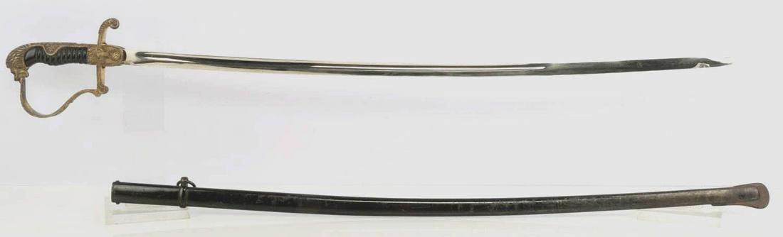 WWII GERMAN THIRD REICH EMIL VOOS OFFICER SWORD: Steel blade with very good plating. brass guard. Bakelite grip. Folded wing eagle on hand guard and standard Reichsadler on crossguard. No maker mark. Very good condition. Measures 37.5 inches. This l