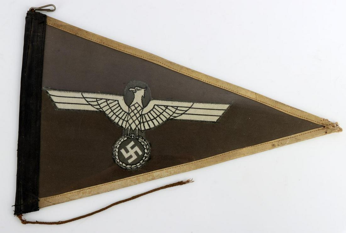 WWII GERMAN HEER ARMY PENNANT FLAG: WWII German Heer army pennant flag. Gray triangular flag with Reichsadler to center. Metal clip to one corner. Light staining and no tears. Does not fluoresce. Very good original condition. 11 1/2 inc