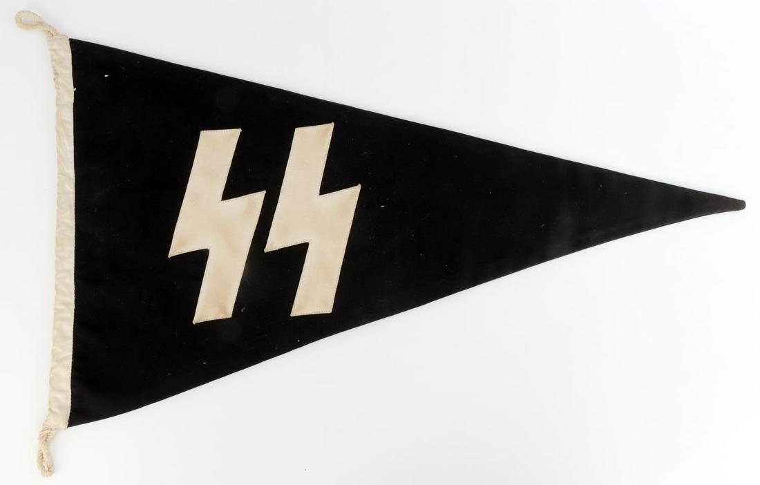 WWII GERMAN THIRD REICH SS COMMAND PENNANT FLAG: Large SS runes. Double sided. Non-fluorescing. Measures 27 X 15 inches. Very good condition. This lot has a reserve.