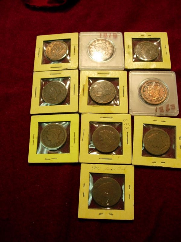 US LARGE CENT LOT OF 10 BEST DATE IS AN 1821 ALL: US LARGE CENT LOT OF 10 BEST DATE IS AN 1821 ALL OF THESE COINS HAVE BEEN CLEANED AND ARE FAIRLY COMMON DATES UP TO XF BUT PLEASE CONSIDER THAT THEY HAVE BEEN CLEANED DATES ARE 1821 1853 1840 1841 184
