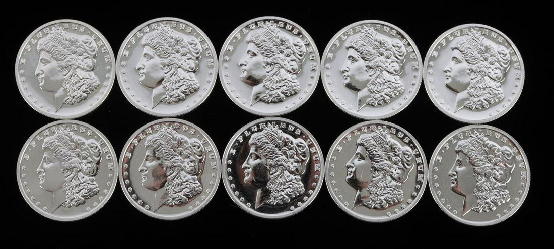 TEN 1 OZ MORGAN DOLLAR TRIBUTE SILVER ROUND: Morgan silver dollar tribute round in prooflike finish with E Pluribus Unum on obverse and One Troy Ounce .999 Fine Silver on reverse. Electronically tested. This lot has a reserve.