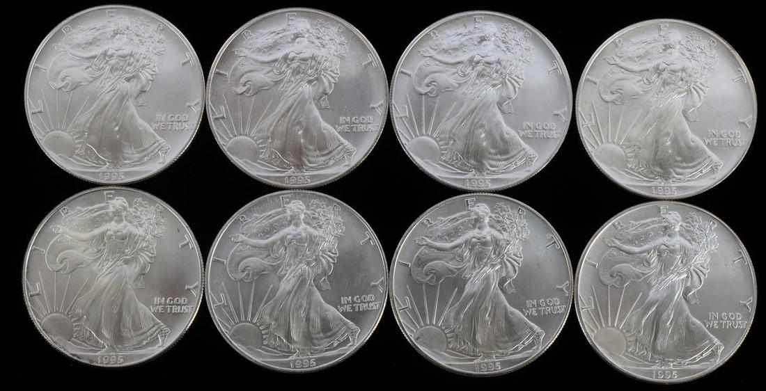 8 AMERICAN EAGLE 1 OZ SILVER COINS: Total of 8 troy ounces of fine 1oz American Silver Eagle coins.