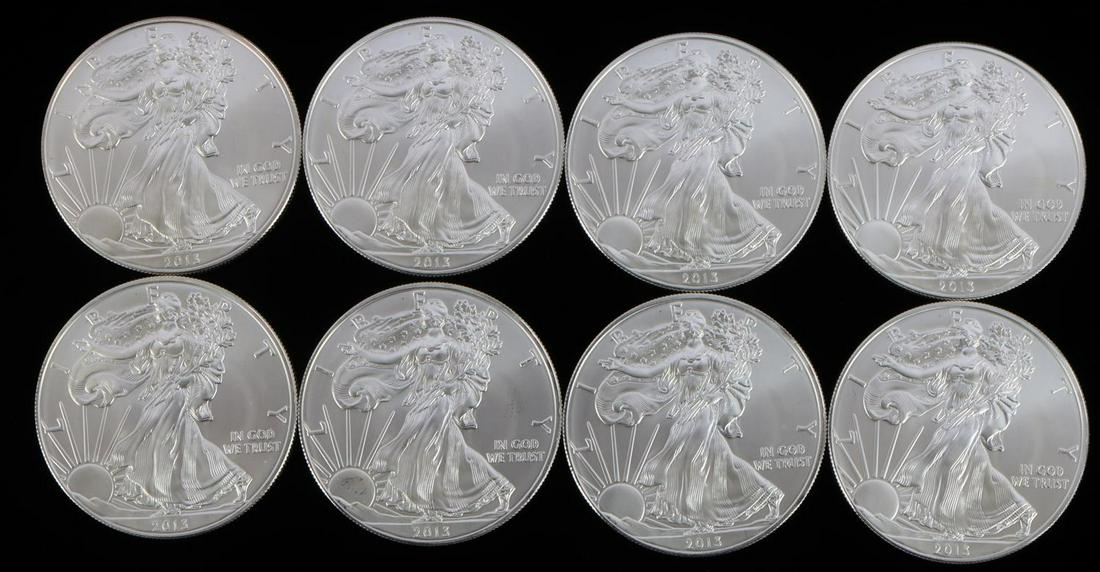 8 AMERICAN EAGLE 1 OZ SILVER COINS: Total of 8 troy ounces of fine 1oz American Silver Eagle coins.