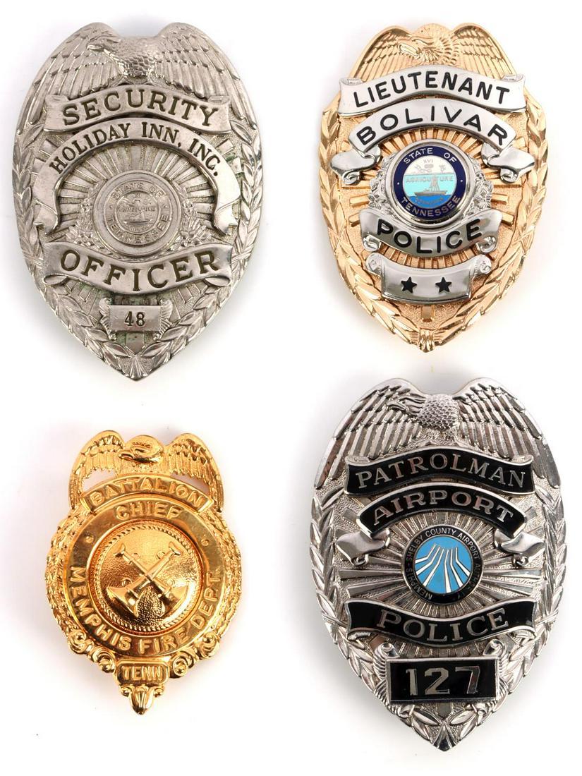 4 OBSOLETE TENNESSEE STATE POLICE SECURITY BADGES: Obsolete Tennessee police and fire badges. Includes Memphis Battalion Fire Chief, Memphis Airport Patrolman, Holiday Inn Security, and Agriculture police badge. All in very good condition in varying s