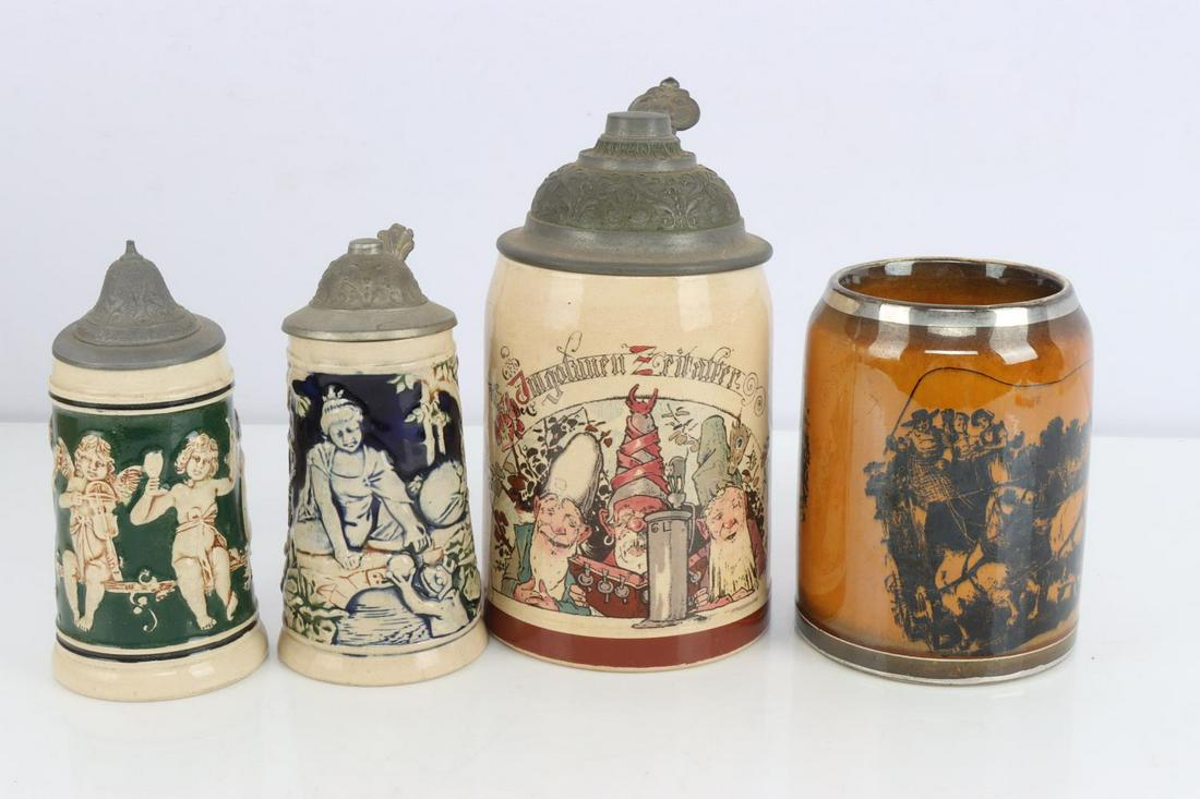 4 ANTIQUE STEIN LOT GESCHUTZT GNOMES CUPID FROG: Includes drunken Gnomes 1909 dated 1/2 liter Geschutzt stein, 5 inch Cupid Stein, 1//8 liter Frog to prince stein, Ridgway coach stein, all very good original and unique.