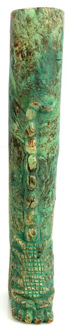 ANCIENT EGYPTIAN LEG STATUE WITH SCOPRION: Potentially crafted from turquoise. Circa 1550 - 1100 BC. Measures 6.25 inches.