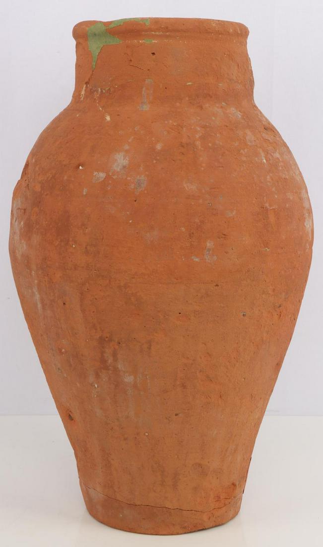AEGEAN RECOVERED ANCIENT ROMAN CLAY POTTERY JAR: Roman clay pot recovered from Aegean shipwreck. Opening 5 inch diameter, height 17 1/2 inches and belly 9-10 inches in diameter. In good condition with appropriate age and environmental related wear a