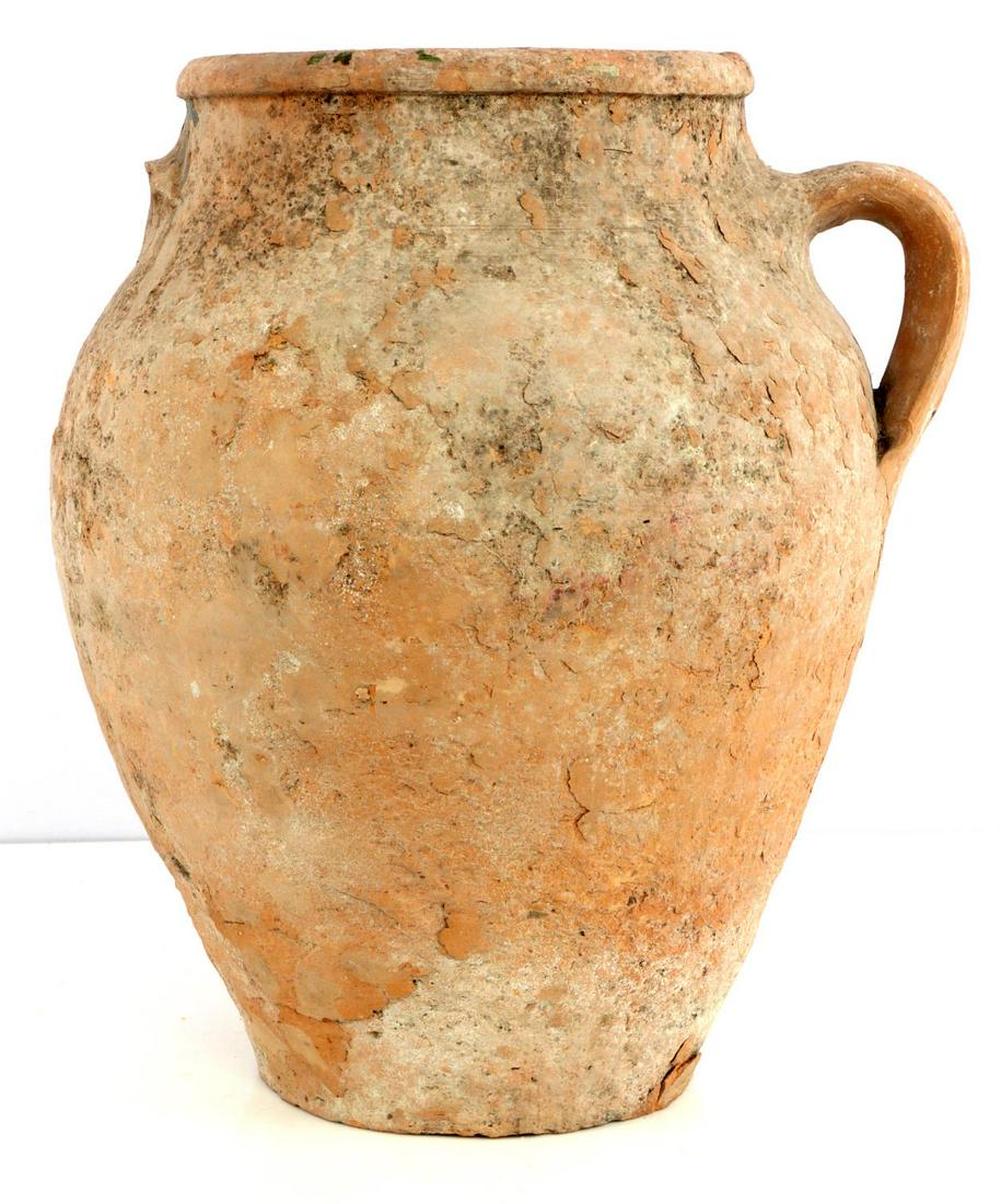 AEGEAN RECOVERED ANCIENT ROMAN CLAY OLIVE JAR: Roman clay pot recovered from Aegean shipwreck. Opening 6 inch diameter, height 13 inches and belly 9-10-11 inches in diameter. In good to fair condition with age and environmental related wear and co
