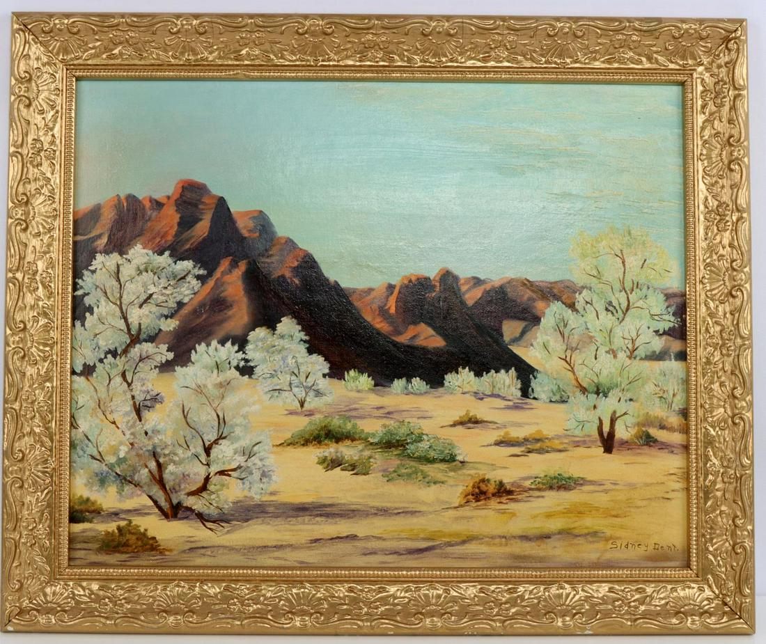 DENT SOUTHWESTERN DESERT LANDSCAPE PAINTING: Sidney Dent (American, 20th century) Mojave desert landscape oil on canvas. Canvas measures 16x20 inches, framed 19x23 inches. Reminiscent of Georgia O'Keeffe's desert scenes. In very good condition.