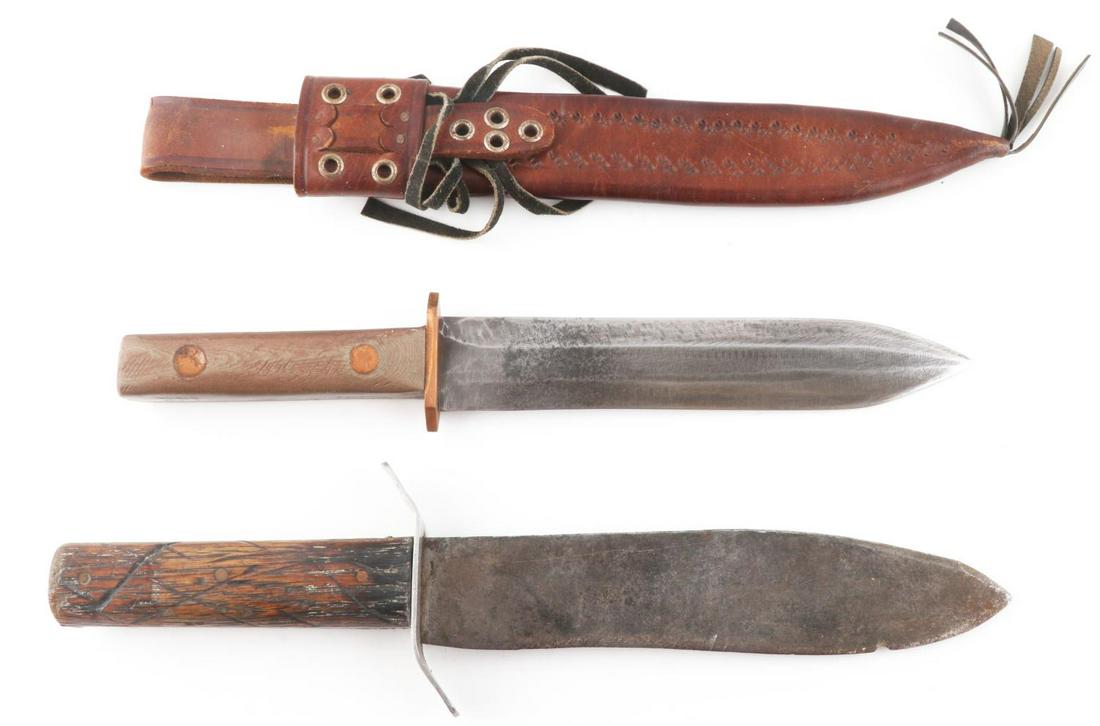 2 HAND FORGED MOUNTAIN MAN FIGHTING KNIFE LOT: Well crafted modern made knives. Includes a 12 1/4 inch wood grip with copper fittings, white metal crossguard, iron blade and no sheath. The second is an even better crafted 11 1/2 inch, copper, wood
