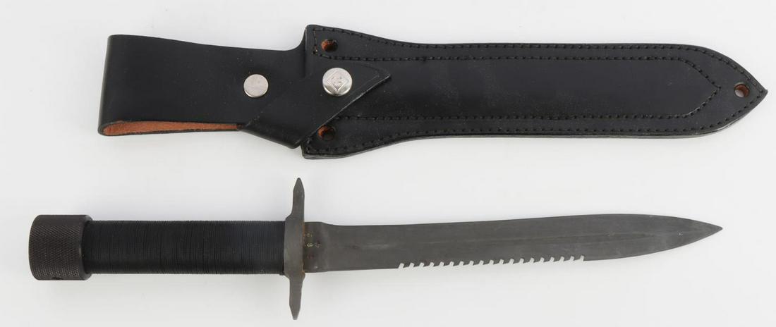 PARAGON SKORPION S-1 SURVIVAL KNIFE NEW IN BOX: Limited Edition of 1980's, S/N 683 on blade and crossguard, verso crown over C, Skorpion S-1 on pommel, unscrews to hollow grip. Overall measures 13 1/4 inches, with leather scabbard.