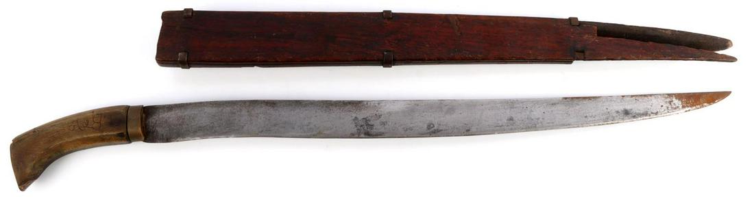 ANTIQUE FILIPINO BOLO WITH SHEATH: Steel sword with wood grip. Comes with wooden scabbard. Measures 22 1/2 inches.