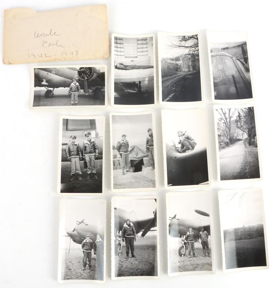 12 WWII US AIR FORCE ALGERIA AFRICA PHOTOS: 12 photos of "Uncle Earl" during his time as a pilot in the United States Air Force in Algeria, Africa. Photos of Earl, Paul Moore, and planes. Included in an envelop labeled "Uncle Earl 1942-1943." S
