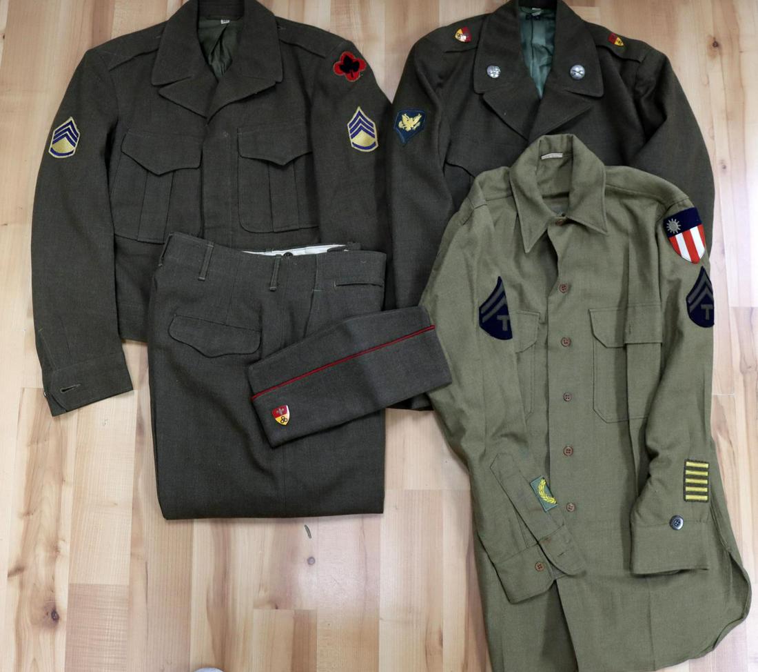 2 WWII KOREA IKE JACKET 1 CBI SHIRT 1 TROUSERS: Full uniform garrison cap dated 1951, near unissued condition, artillery piping and artillery DUI's. Hat is size 7 1/4, jacket is size 38, & trousers 30x32 inches. Also included is a WWII size 14 1/2x