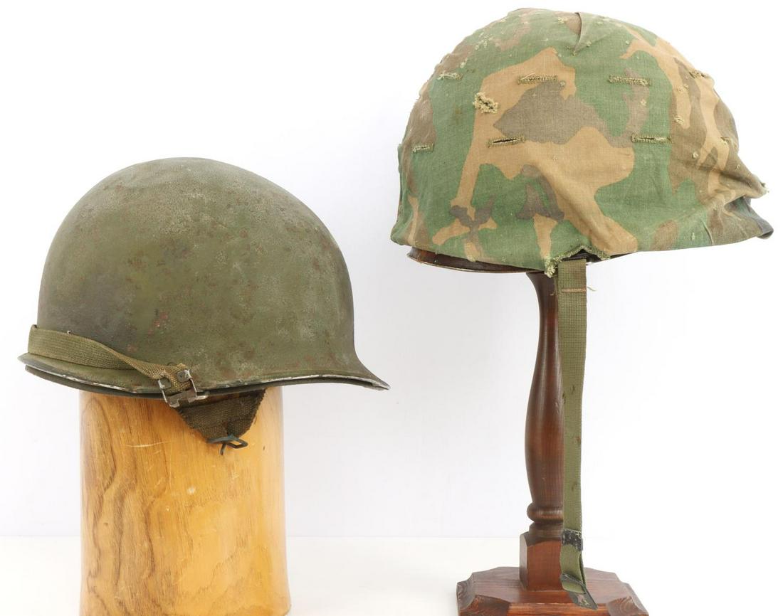 2 WWII US ARMY 801ST M1 COMBET HELMETS W LINER: WWII United States Army and 801st General Hospital M1 helmet with camo cover and liners. Olive green painted steel shell with "801st Gen Hosp" written near front. Heat stamped "7" near the front seam.