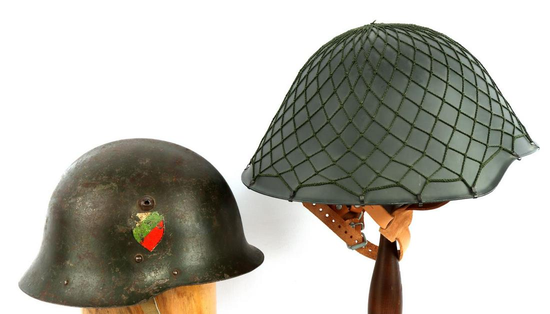 WWII BULGARIA M36 & EAST GERMAN M56 HELMET LOT OF: The East German seems unissued, the Bulgarian is complete but used, has National colors decal.