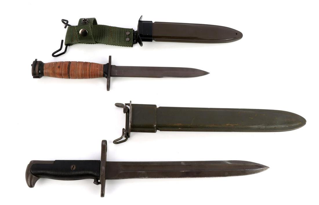 WWII US PAL M1 GARAND BAYONET & M4 BAYONET: Pal bayonet in good condition, marked "PAL US 1943" with scabbard. M4 bayonet is a reproduction with scabbard. Both in good condition.