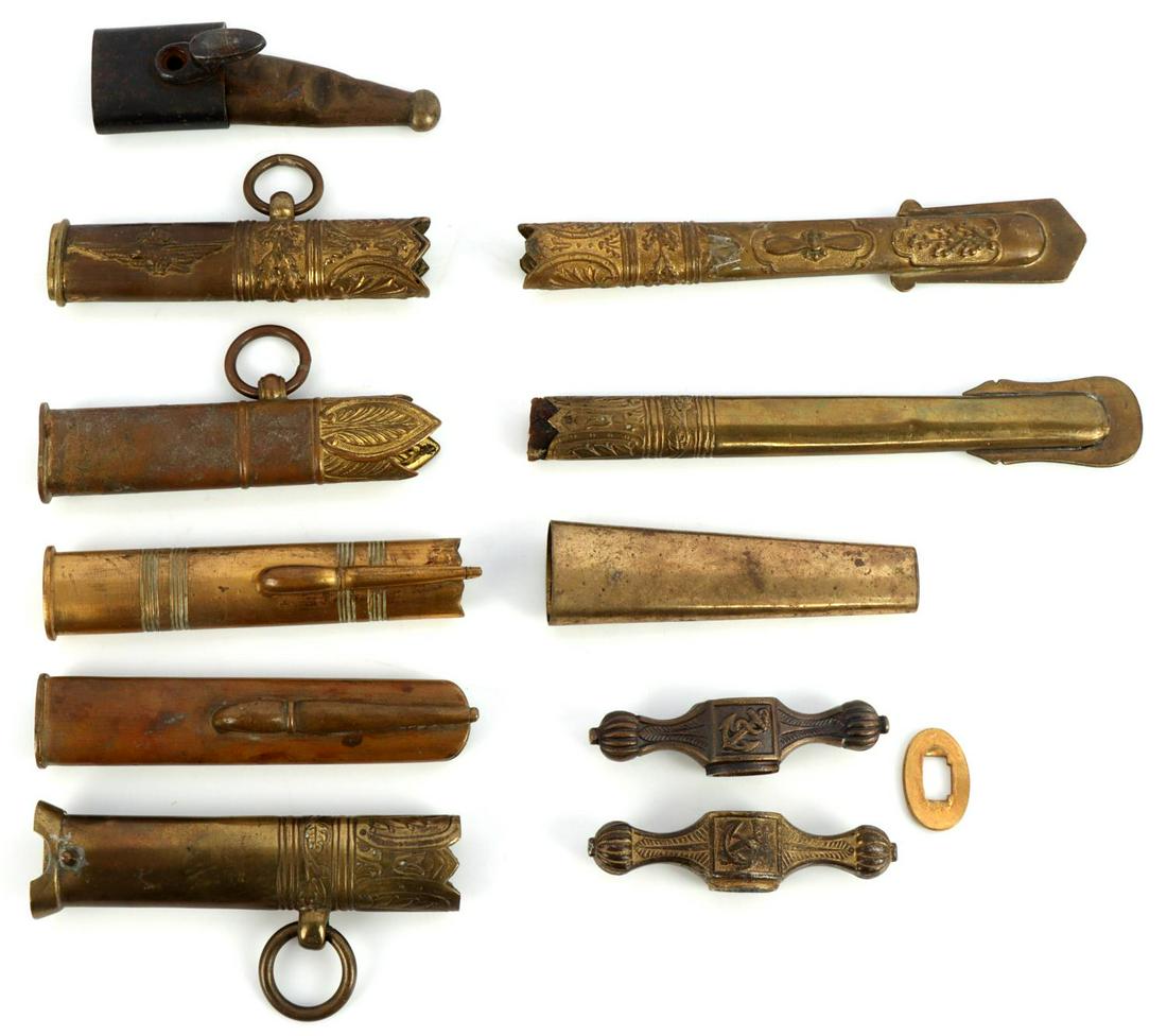 WWI WWII GERMAN DAGGER PARTS KRIEGSMARINE: Brass construction. Crossguards and scabbard parts. Very good condition. Some denting and oxidation. Measures 1 - 6 3/8 inches. Very good condition.