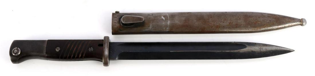WWII GERMAN REICH K98 BAYONET & SCABBARD: Blade in good condition, marked "S/177" on ricasso & "7370b" on the other side. Waffenamt marking "WaA253" on pommel. Scabbard marked "44ddl."