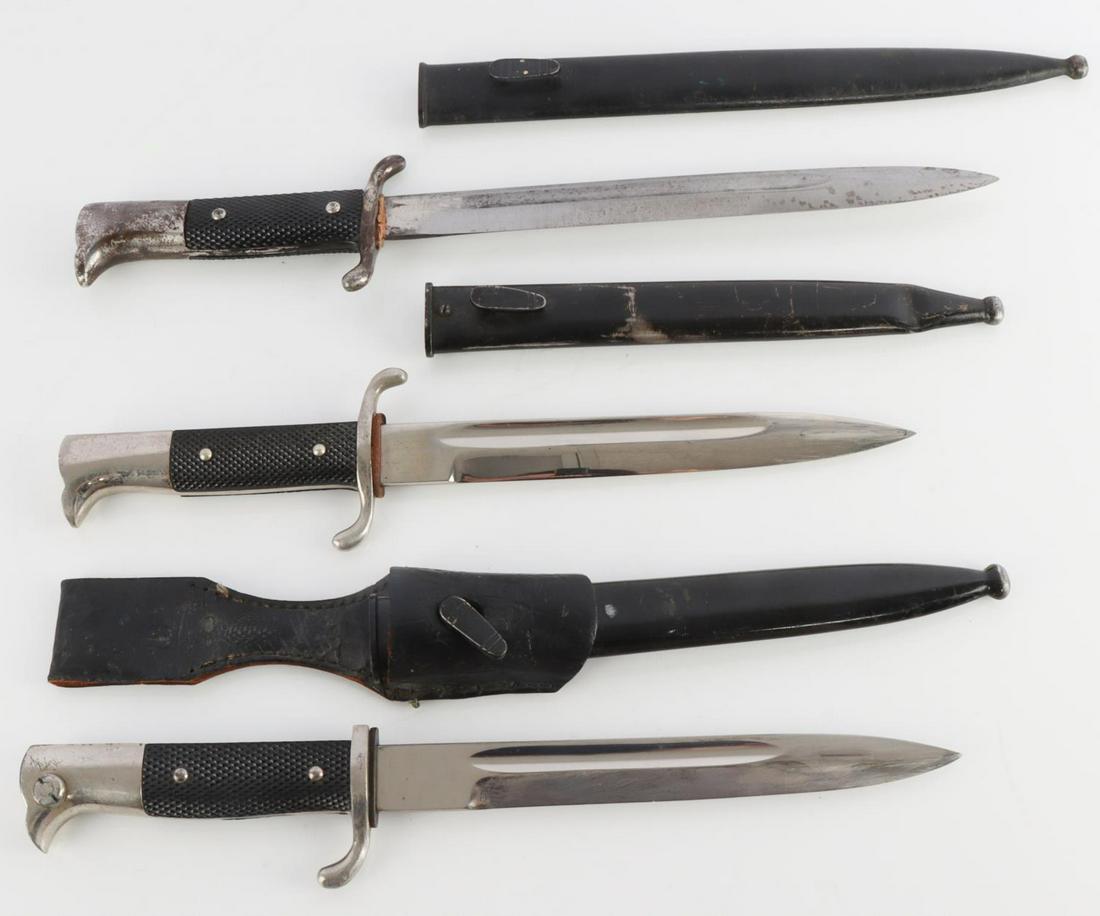 3 WWII GERMAN DRESS BAYONET LOT: Lot of 3 includes: 16 inch oversize, finish loss and unmarked blade, a very nice Solingen stamped 13 inch blade with paint loss and dent to scabbard, & a 14 inch true bayonet nice blade with scabbard 