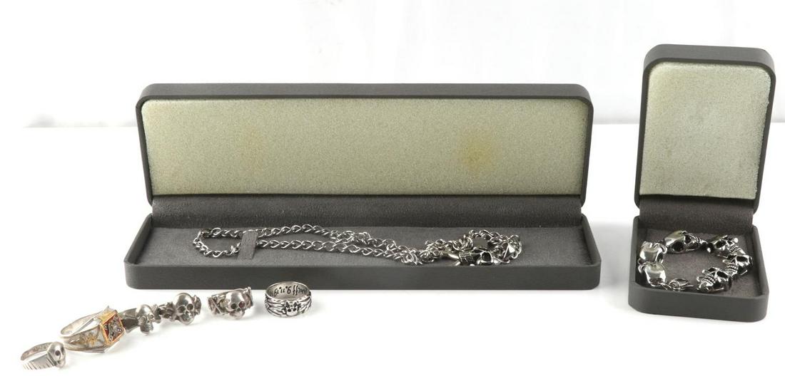 UNSEARCHED LOT TOTENKOPF SKULL CONFEDERATE LOT: Rings are sizes 14-9.5. Confederate ring is stamped "925" inside shank. Chisel skull jewelry new in box.