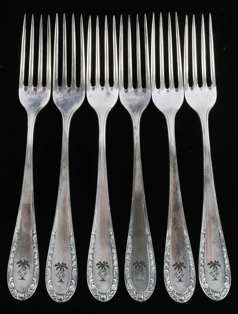 SET OF 6 WWII GERMAN REICH AFRIKA KORPS FORK LOT: Set of six 8.25 inch WWII German Afrika campaign dinner forks. Engraved handles. Marked "RF" and "90" (silver plate). Good overall condition with some signs of use. Unauthenticated, sold as is. This l