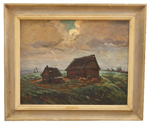 EDWARD F. BOYD FRAMED ORIGINAL LANDSCAPE PAINTING: Edward F. Boyd ( 1878-1964) is known for his landscape paintings featuring New York, Connecticut (where he died) and Canada (where he was born). The scene here is of a storm (including lightning) movi